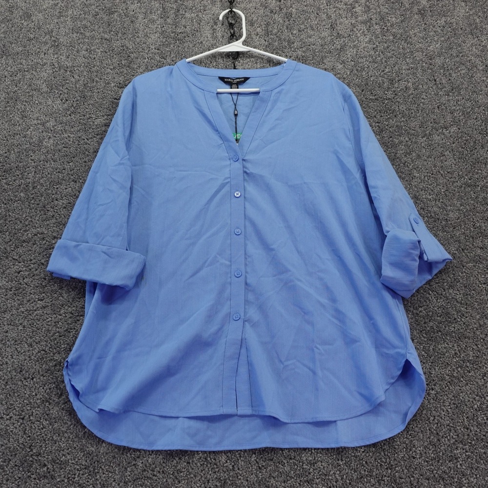Mario Serrani Button Front Blouse Womens Extra Large Blue V Neck Roll Tab Sleeve
